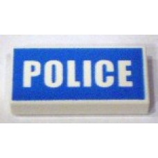 Part 3069bpb139 White Tile 1 x 2 with 'POLICE' White on Blue Background Pattern (Printed)